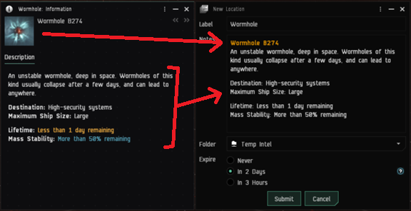 Copy the wormhole portrait and text into the bookmark note